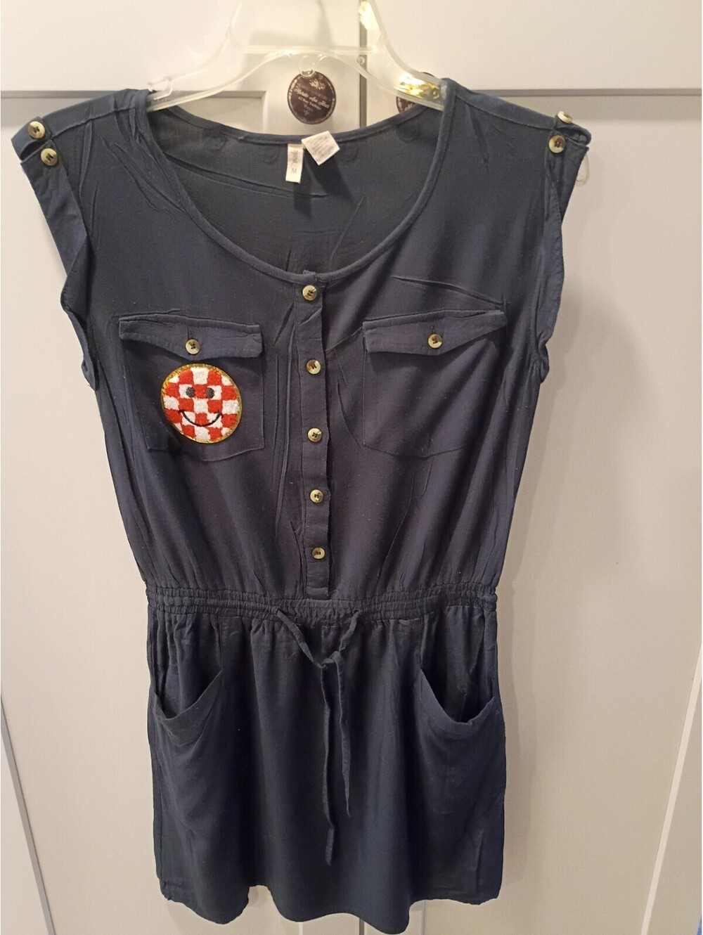 Custom Yudai Navy Blue Casual Dress with Smiley Face Patches